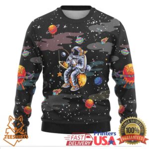 Funny Astronaut Fishing In Space Christmas Ugly Christmas Sweater Xmas Holiday Patterns