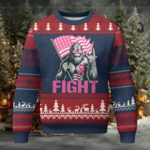 Funny Bigfoot Breast Cancer Awareness Ugly Christmas Sweater Fight Pink Ribbon