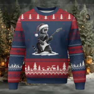 Funny Cat Guitar Ugly Christmas Sweater Rock and Roll Xmas