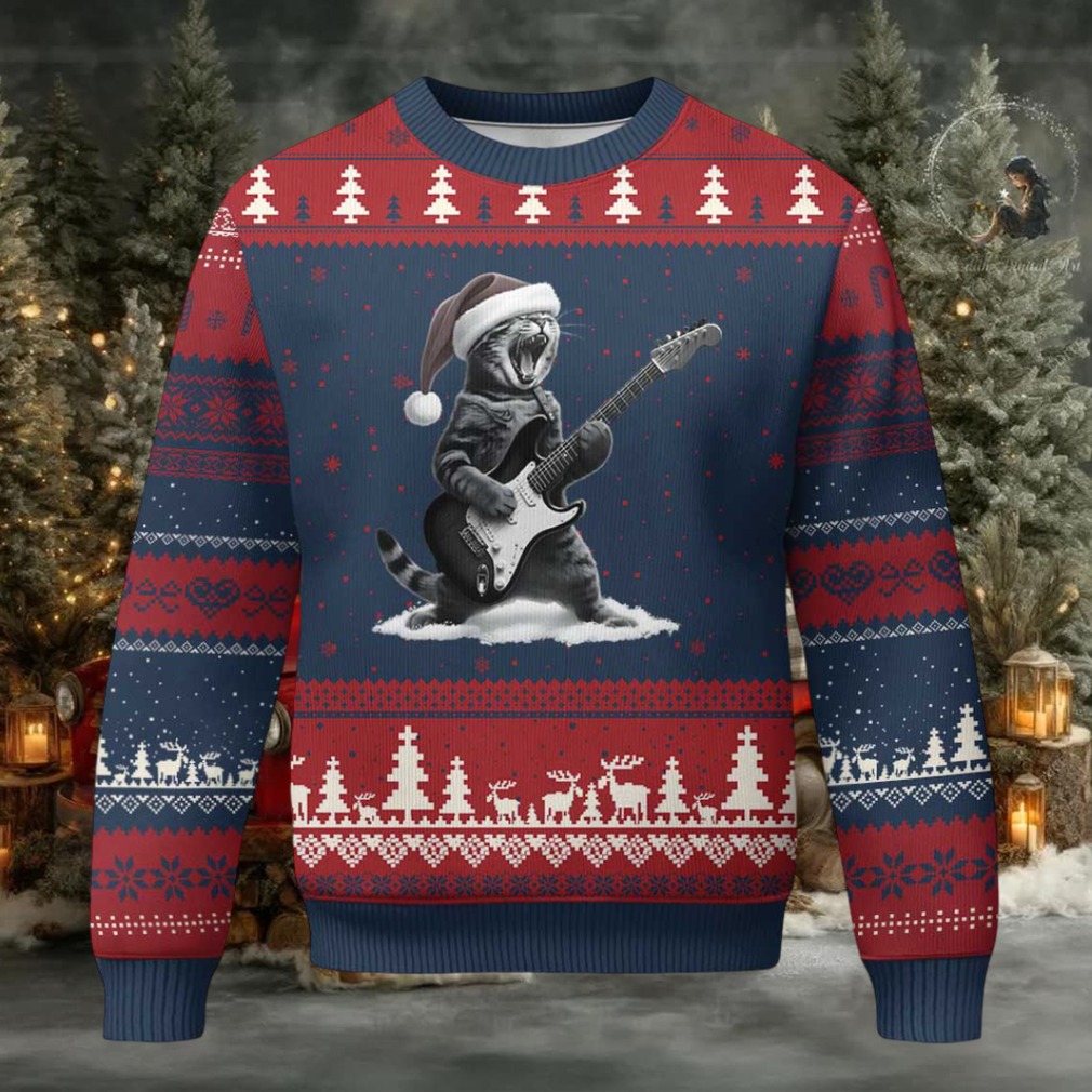 Funny Cat Guitar Ugly Christmas Sweater Rock and Roll Xmas Funny Cat Guitar Ugly Christmas Sweater Rock and Roll Xmas