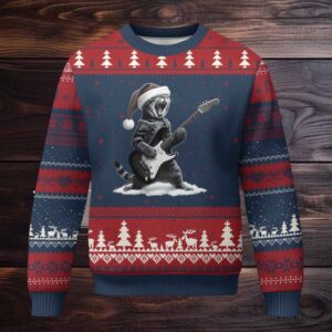 Funny Cat Guitar Ugly Christmas Sweater Rock and Roll Xmas
