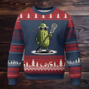 Funny Lacrosse Ugly Christmas Sweater Pickle Playing Lax Lover Player