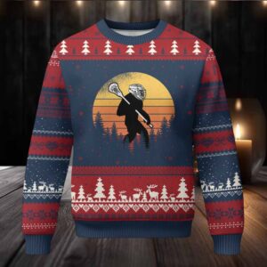 Funny Lax Bigfoot Ugly Christmas Sweater Retro Vintage Sasquatch Lacrosse