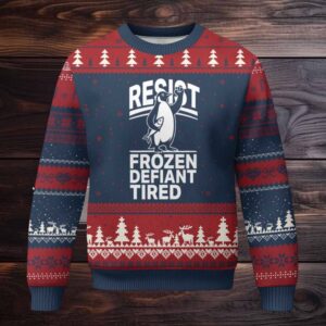 Funny Penguin Resist Ugly Christmas Sweater Frozen Defiant Tired FDT Activism