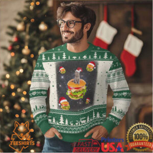 Funny Xmas Cat Ugly Christmas Sweater Santa Cat Hamburger Lover Galaxy Outer Space