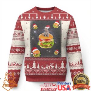 Funny Xmas Cat Ugly Christmas Sweater Santa Cat Hamburger Lover Galaxy Outer Space
