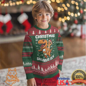 Funny Xmas Ugly Christmas Sweater Gingerbread Riding Dinosaur Christmas Saurus Rex
