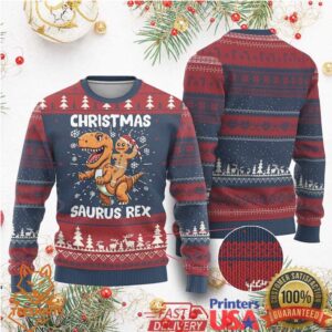 Funny Xmas Ugly Christmas Sweater Gingerbread Riding Dinosaur Christmas Saurus Rex
