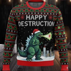 Godzilla Happy Destruction Christmas Ugly Sweater
