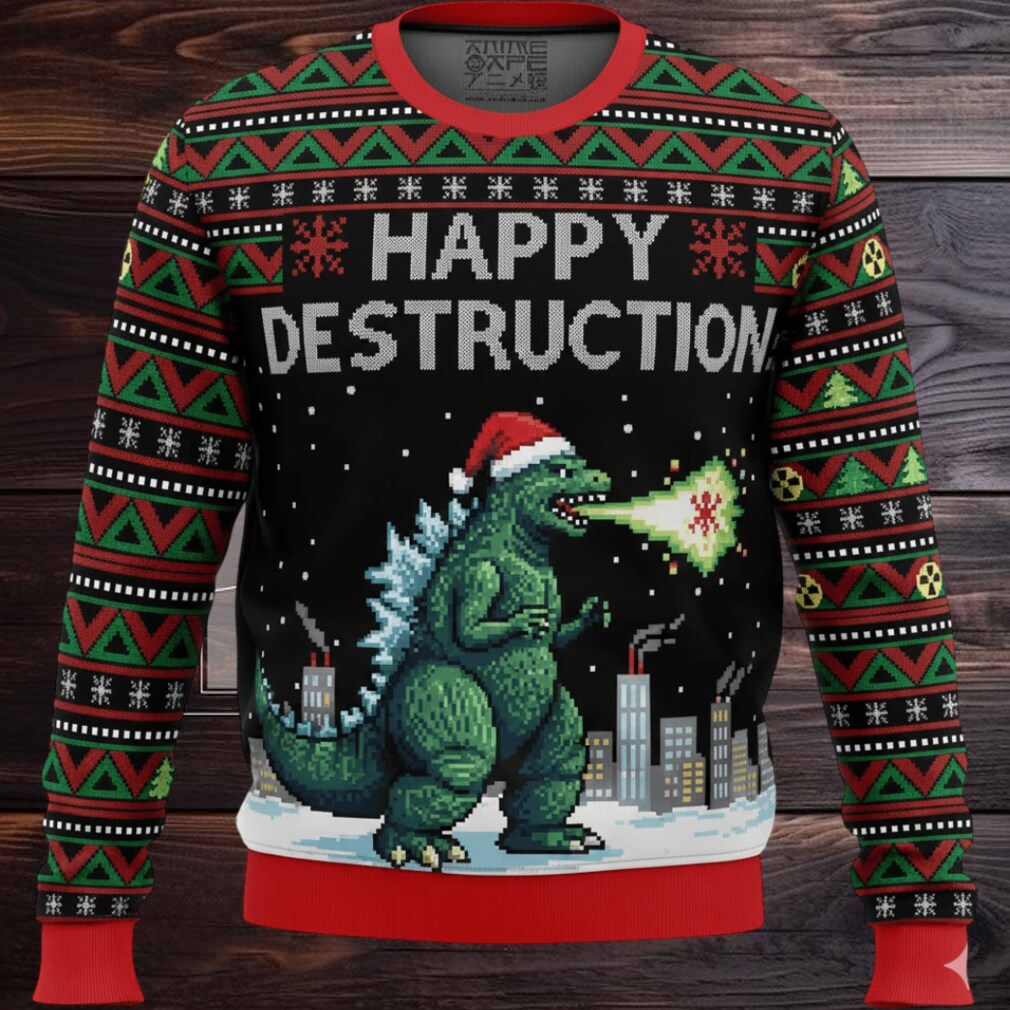 Godzilla Happy Destruction Christmas Ugly Sweater Godzilla Happy Destruction Christmas Ugly Sweater