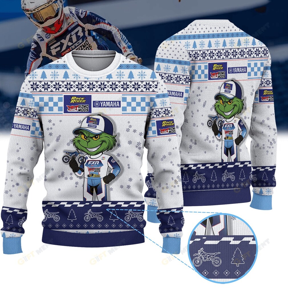 Grant Harlan Gizmo Mods Rock River Racing Yamaha Grinch Ugly Christmas Sweater detail view