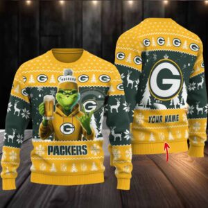 Green Bay Packers Grinch With Beer Ugly Christmas Sweater