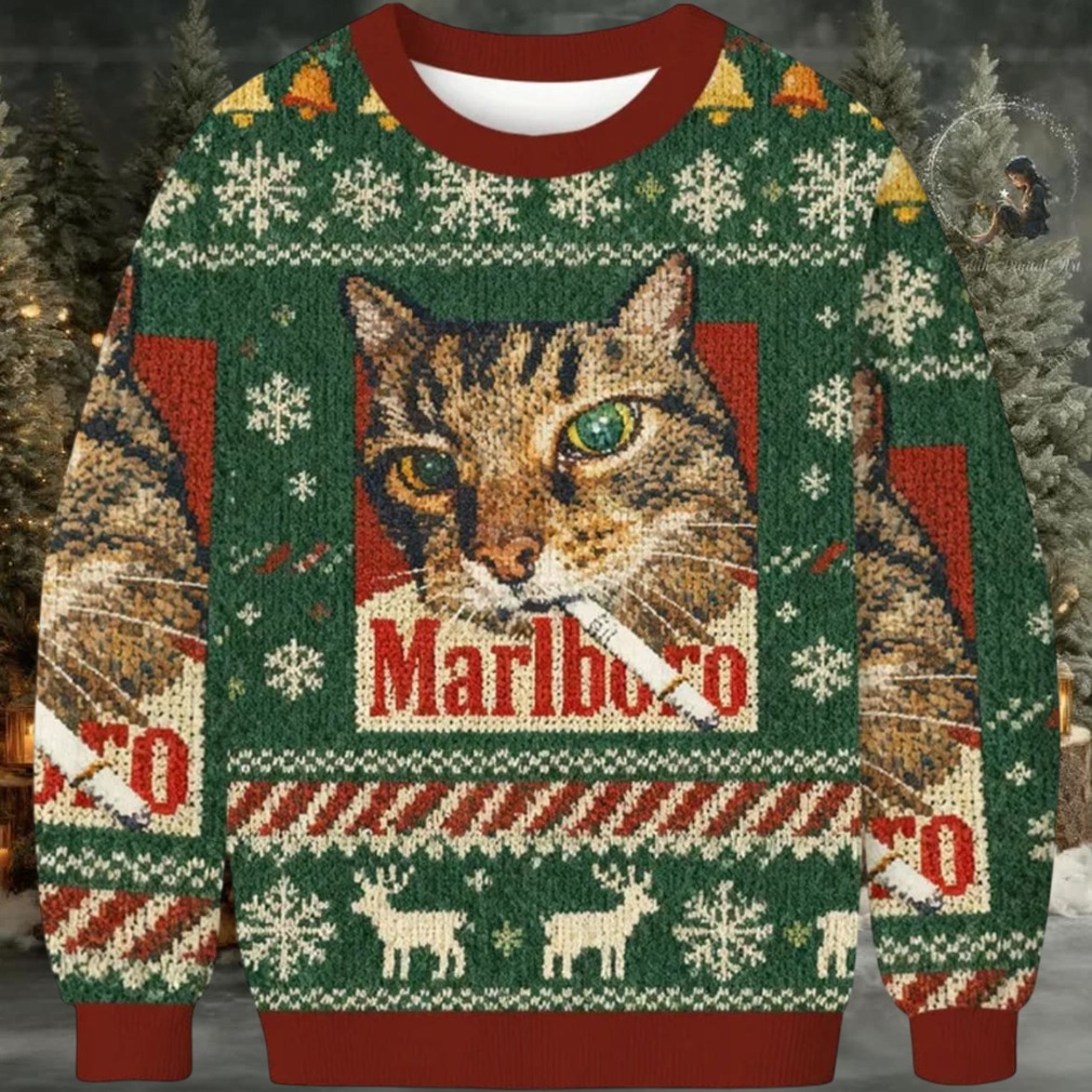 Green Funny Marlboro Smoking Cat Meme Christmas Ugly Sweater Green Funny Marlboro Smoking Cat Meme Christmas Ugly Sweater