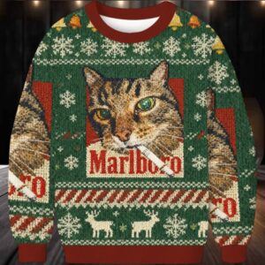 Green Funny Marlboro Smoking Cat Meme Christmas Ugly Sweater
