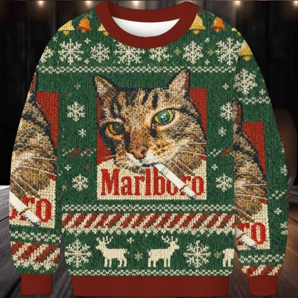 Green Funny Marlboro Smoking Cat Meme Christmas Ugly Sweater Green Funny Marlboro Smoking Cat Meme Christmas Ugly Sweater