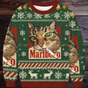 Green Funny Marlboro Smoking Cat Meme Christmas Ugly Sweater