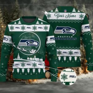 Green Seattle Seahawks NFL Ugly Christmas Sweater Name Customized
