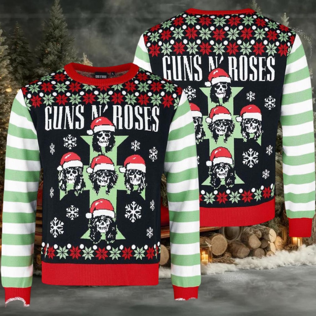 Guns N Roses Band Cross Logo Skeletons With Santa Hats Xmas Holiday Jumper Multicolor Ugly Christmas Sweater Guns N Roses Band Cross Logo Skeletons With Santa Hats Xmas Holiday Jumper Multicolor Ugly Christmas Sweater