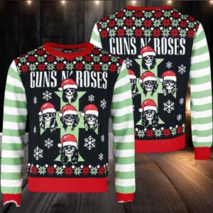 Guns N Roses Band Cross Logo Skeletons With Santa Hats Xmas Holiday Jumper Multicolor Ugly Christmas Sweater