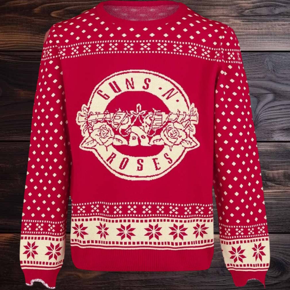 Guns N Roses Big Logo With Snowflakes Pattern Knitted Red Christmas Ugly Sweater Guns N Roses Big Logo With Snowflakes Pattern Knitted Red Christmas Ugly Sweater
