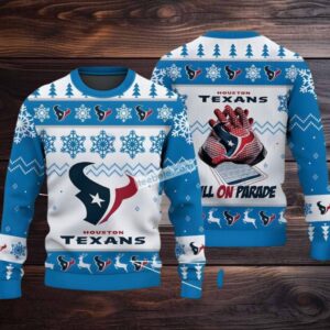 Houston Texans Bulls On Parade Ugly Christmas Sweater White Blue
