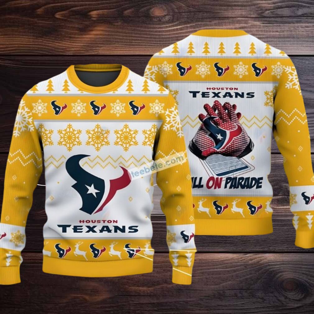 Houston Texans Bulls On Parade Ugly Christmas Sweater Yellow White Houston Texans Bulls On Parade Ugly Christmas Sweater Yellow White