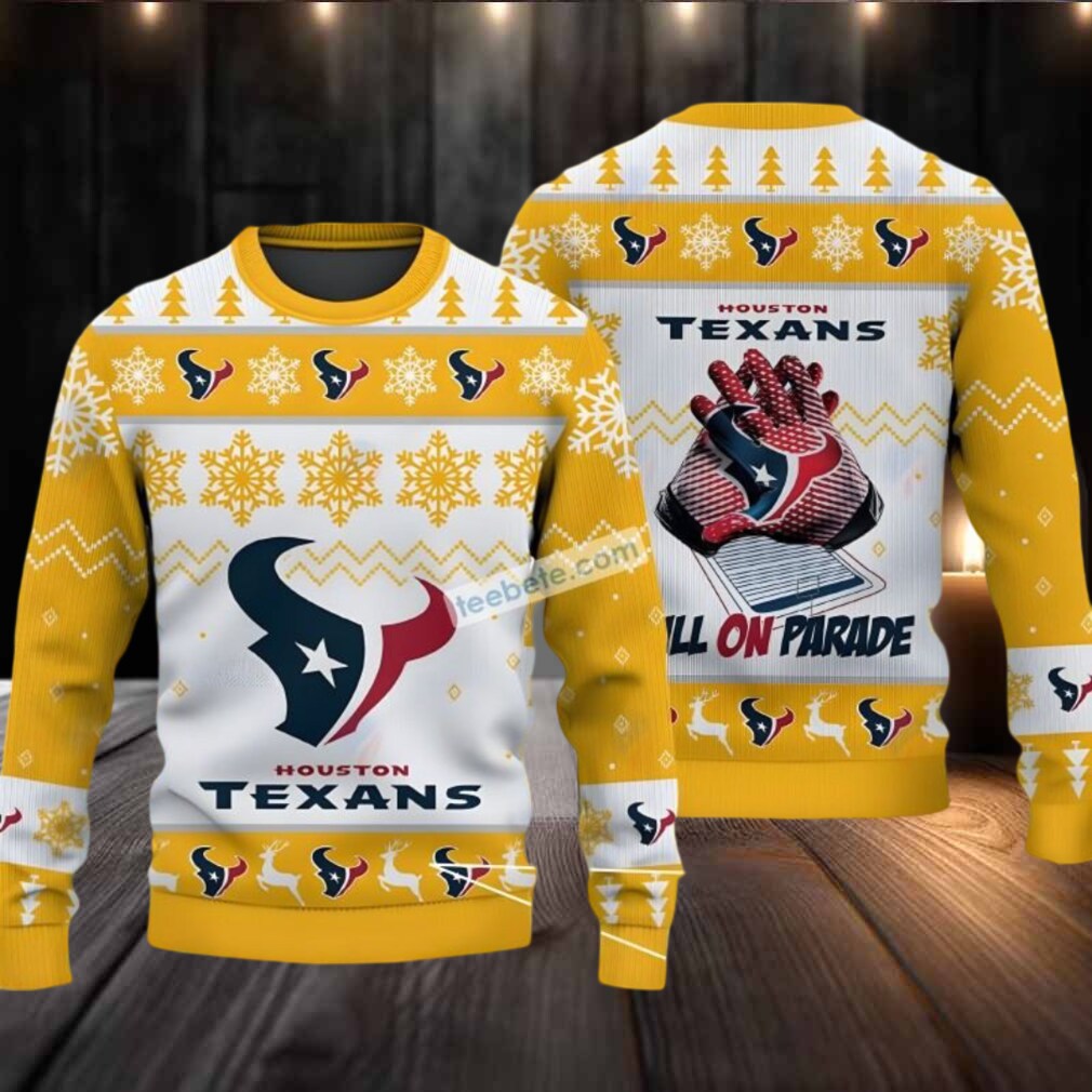 Houston Texans Bulls On Parade Ugly Christmas Sweater Yellow White Houston Texans Bulls On Parade Ugly Christmas Sweater Yellow White