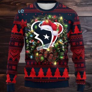 Houston Texans Santaa Christmas Wreath Ugly Christmas Sweater Black Red