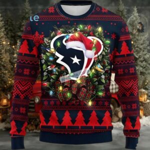 Houston Texans Santaa Christmas Wreath Ugly Christmas Sweater Black Red