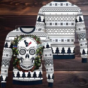 Houston Texans Skull Christmas Wreath Ugly Christmas Sweater Family White