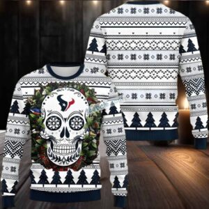 Houston Texans Skull Christmas Wreath Ugly Christmas Sweater Family White