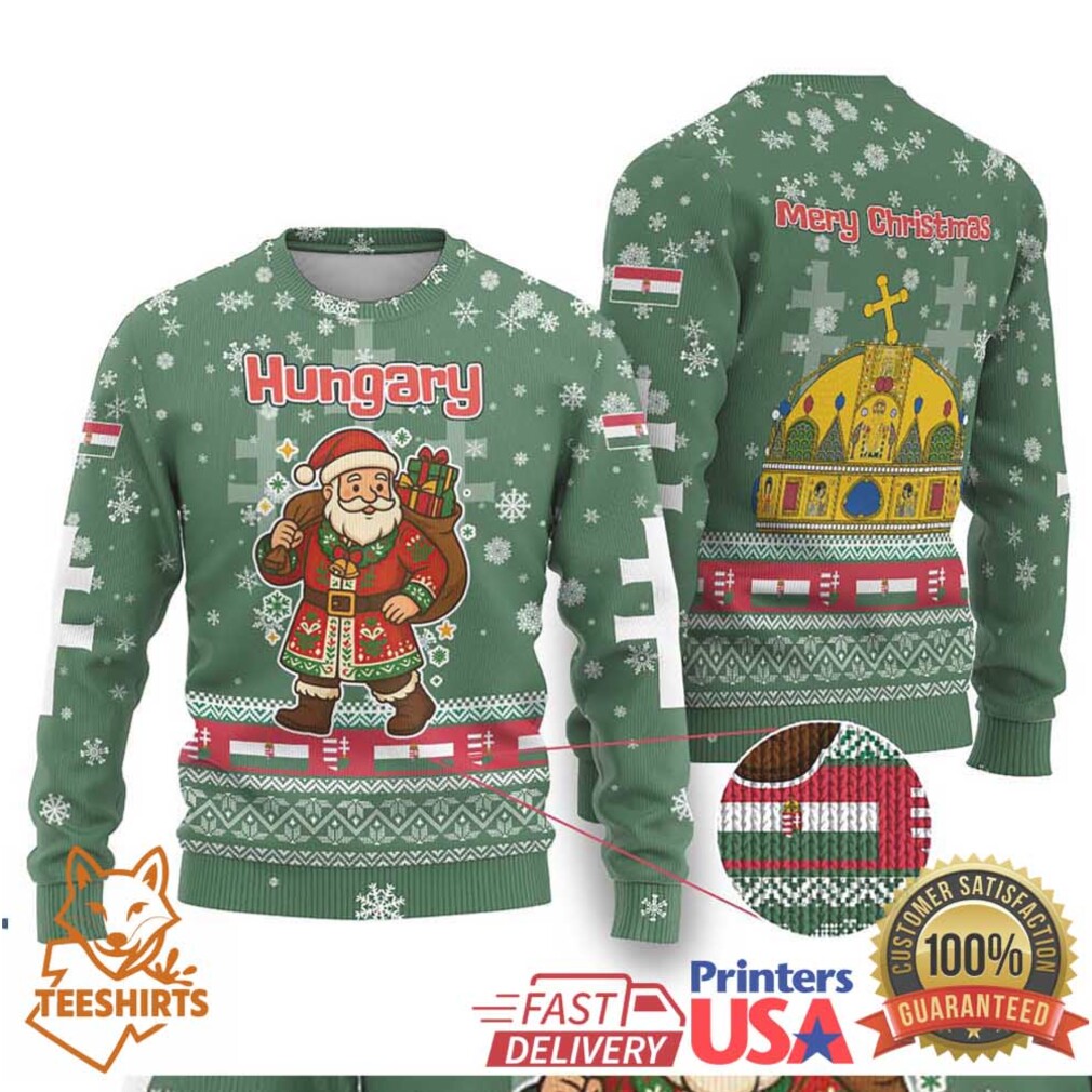 Hungary Christmas Ugly Christmas Sweater with Green Snowflake Pattern Santa Claus Motif Hungary Christmas Ugly Christmas Sweater with Green Snowflake Pattern Santa Claus Motif