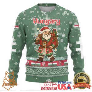 Hungary Christmas Ugly Christmas Sweater with Green Snowflake Pattern Santa Claus Motif
