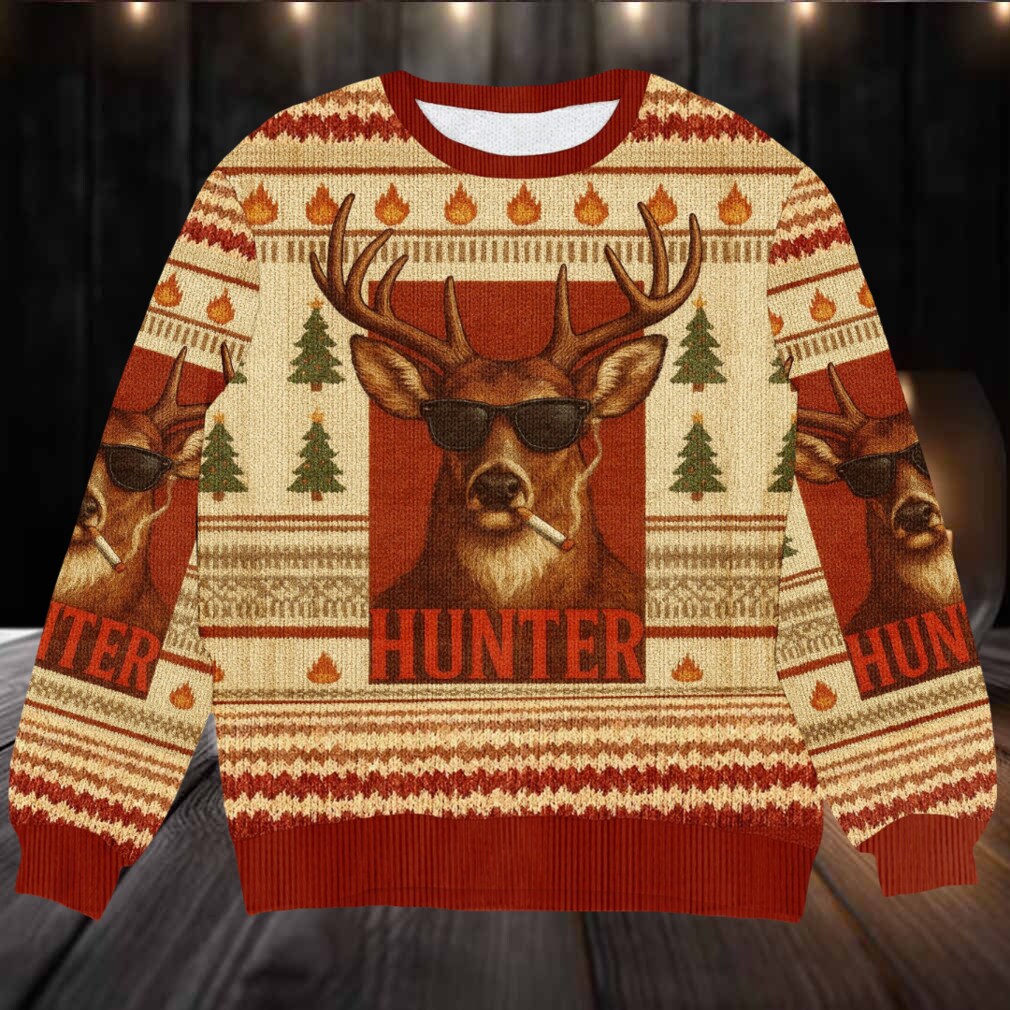 Hunter Smoking Deer Ugly Christmas Sweater, Funny Holiday Knit for Hunters and Outdoorsmen