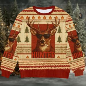 Hunter Smoking Deer Ugly Christmas Sweater, Funny Holiday Knit for Hunters and Outdoorsmen