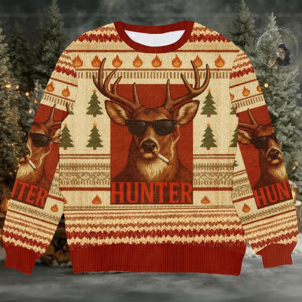 Hunter Smoking Deer Ugly Christmas Sweater, Funny Holiday Knit for Hunters and Outdoorsmen Hunter Smoking Deer Ugly Christmas Sweater, Funny Holiday Knit for Hunters and Outdoorsmen