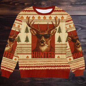 Hunter Smoking Deer Ugly Christmas Sweater, Funny Holiday Knit for Hunters and Outdoorsmen