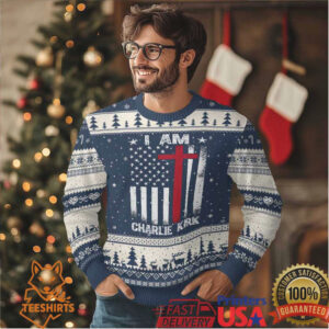 I Am Charlie Kirk Ugly Christmas Sweater Christian Cross Faith American Falg