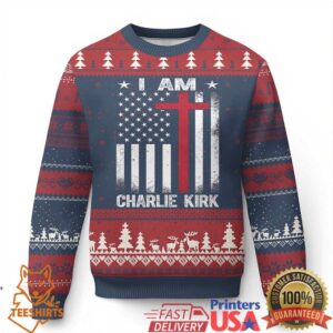 I Am Charlie Kirk Ugly Christmas Sweater Christian Cross Faith American Falg