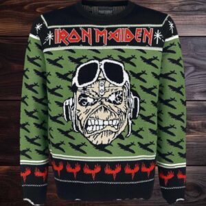 Iron Maiden A Matter of Life and Death Pilot Eddie With Airplane Pattern Ugly Christmas Sweater