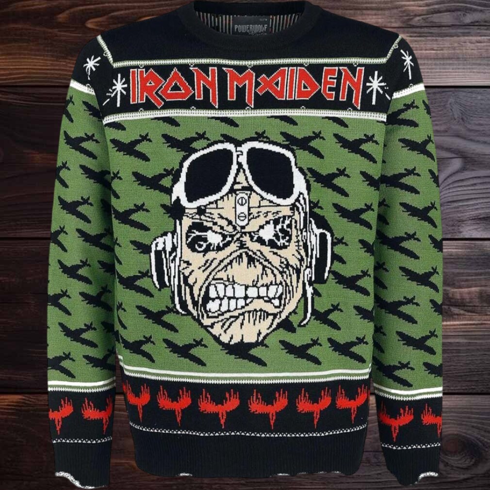 Iron Maiden A Matter of Life and Death Pilot Eddie With Airplane Pattern Ugly Christmas Sweater Iron Maiden A Matter of Life and Death Pilot Eddie With Airplane Pattern Ugly Christmas Sweater
