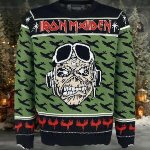 Iron Maiden A Matter of Life and Death Pilot Eddie With Airplane Pattern Ugly Christmas Sweater