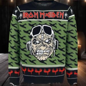 Iron Maiden A Matter of Life and Death Pilot Eddie With Airplane Pattern Ugly Christmas Sweater