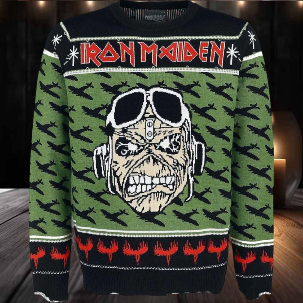 Iron Maiden A Matter of Life and Death Pilot Eddie With Airplane Pattern Ugly Christmas Sweater Iron Maiden A Matter of Life and Death Pilot Eddie With Airplane Pattern Ugly Christmas Sweater