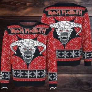 Iron Maiden Eddie Satan Head With Snowflakes Pattern Knitted Holiday Red Ugly Christmas Sweater