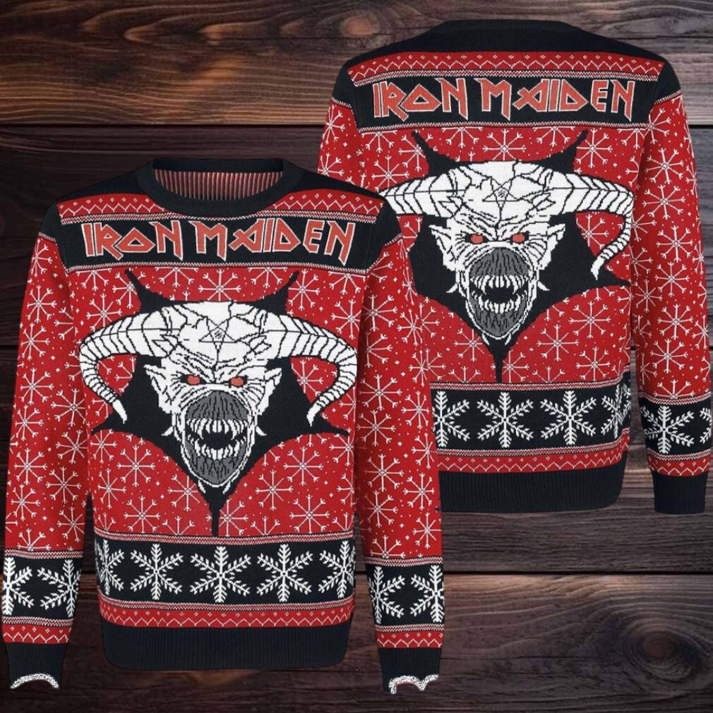 Iron Maiden Eddie Satan Head With Snowflakes Pattern Knitted Holiday Red Ugly Christmas Sweater Iron Maiden Eddie Satan Head With Snowflakes Pattern Knitted Holiday Red Ugly Christmas Sweater