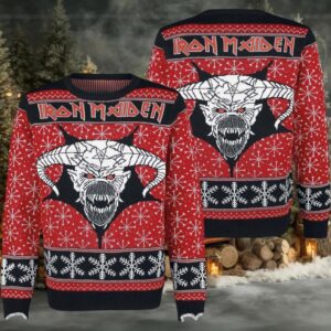Iron Maiden Eddie Satan Head With Snowflakes Pattern Knitted Holiday Red Ugly Christmas Sweater