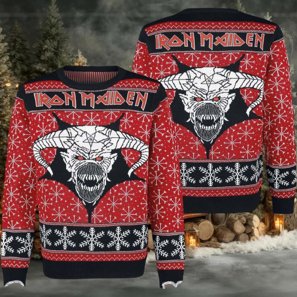 Iron Maiden Eddie Satan Head With Snowflakes Pattern Knitted Holiday Red Ugly Christmas Sweater Iron Maiden Eddie Satan Head With Snowflakes Pattern Knitted Holiday Red Ugly Christmas Sweater