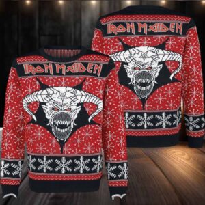Iron Maiden Eddie Satan Head With Snowflakes Pattern Knitted Holiday Red Ugly Christmas Sweater
