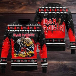 Iron Maiden Eddie The Number Of the Beast With Santa Hat Into The Snowy Night Signature Knitted Ugly Christmas Sweater